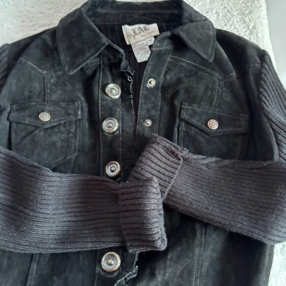 Black Suede & Knit Jacket Snap Closure Pockets Ruffle Front Size M - Picture 7 of 11